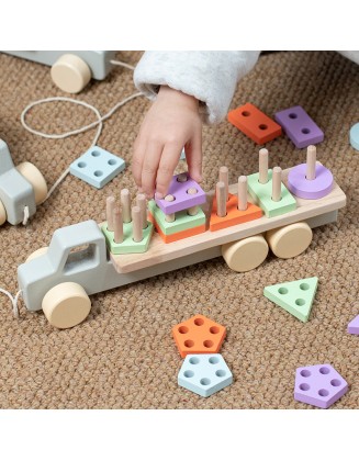 Young children early education Montessori wooden 2-in-1 macaron shape matching set column drag small train educational toy