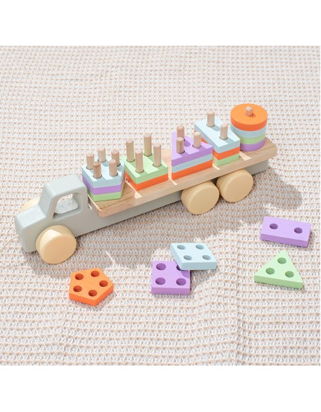 Young children early education Montessori wooden 2-in-1 macaron shape matching set column drag small train educational toy