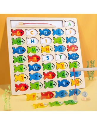 New wooden magnetic fishing log board number alphabet Mosaic board children's fishing game baby parent-child interactive play