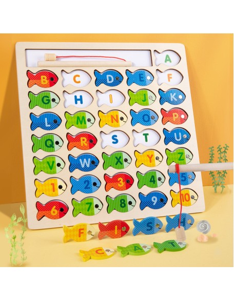 New wooden magnetic fishing log board number alphabet Mosaic board children's fishing game baby parent-child interactive play