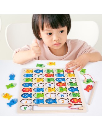 New wooden magnetic fishing log board number alphabet Mosaic board children's fishing game baby parent-child interactive play