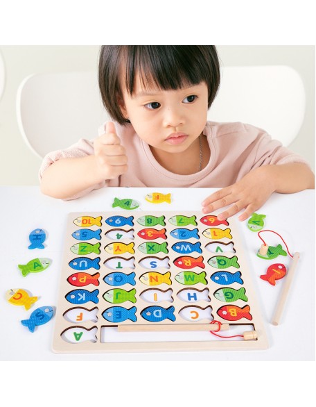 New wooden magnetic fishing log board number alphabet Mosaic board children's fishing game baby parent-child interactive play